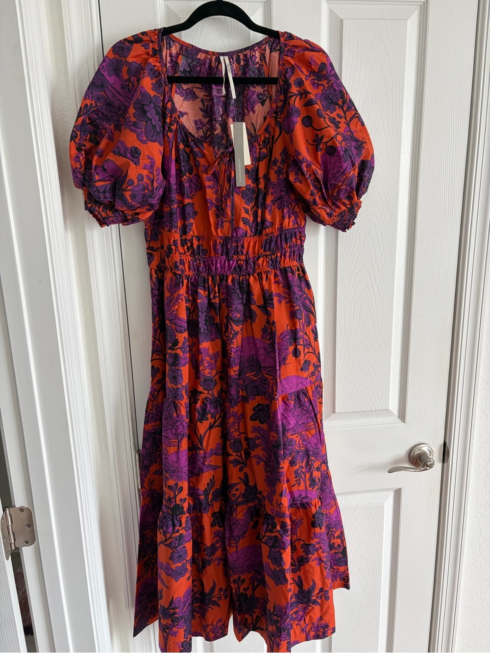 Anthropologie Orange and Purple Floral Puff-Sleeve Midi Dress